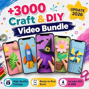 May include: A digital product bundle titled +3000 Craft & DIY Video Bundle Update 2026. The image displays five smartphones showing various paper craft projects including a leaf, rocket, witch hat, flower, and pinwheel, with icons for video footage.