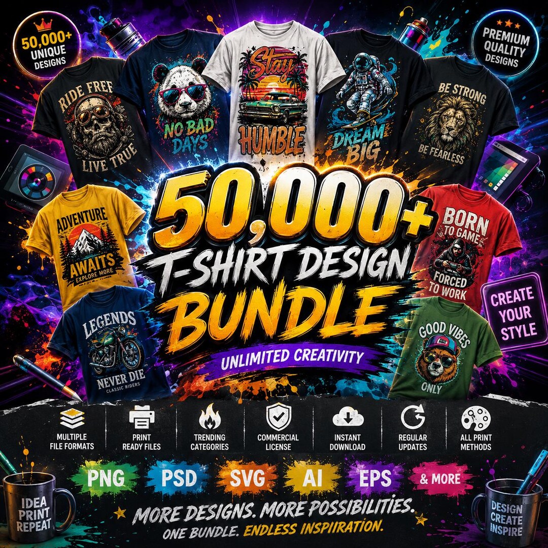 50,000+ T-Shirt Designs Bundle | Commercial Use POD Graphics | Vintage, Streetwear & Niche