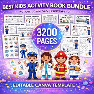 Puede incluir: Un paquete de libros de actividades digitales para niños, con juegos y rompecabezas temáticos de carreras. La imagen incluye ilustraciones de un oficial de policía, un médico, un bombero y un chef. El texto dice "BEST KIDS ACTIVITY BOOK BUNDLE" y "3200 PAGES".