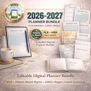 Peut inclure: Un ensemble de planificateurs numériques pour 2026-2027, comprenant 25 planificateurs et plus de 2 000 pages. L'image présente une tablette affichant un calendrier de septembre 2026, une tasse de café et diverses pages de planificateur.