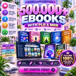 May include: A digital product bundle featuring 500,000+ ebooks with PLR and MRR resell rights. The display includes a laptop, tablet, and book covers labelled Online Marketing, Personal Development, Health, Wellness, Business, and Finance.