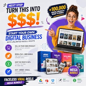 May include: A digital marketing advertisement featuring text that reads NEXT STEP TURN THIS INTO $$$! START YOUR OWN DIGITAL BUSINESS WITH UNLIMITED RESELL RIGHTS. It includes icons for selling, reselling, profits, and editing, plus a laptop and tablet.