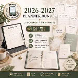 Peut inclure: Un ensemble de planificateurs 2026-2027 comprenant des modèles numériques et physiques, avec 25 planificateurs et plus de 2 000 pages. Le kit inclut des fichiers Canva modifiables, des droits PLR et MRR, et divers calendriers aux motifs floraux.