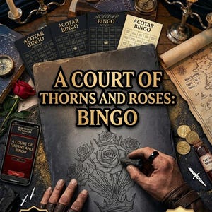 Könnte beinhalten: Ein Bingo-Spiel zum Thema Fantasy "A Court of Thorns and Roses". Das Bild zeigt Bingokarten, ein Smartphone, Kerzen und eine Rosenzeichnung. Der Text lautet "A Court of Thorns and Roses: Bingo" und "Interactive Big Screen + Mobile Friendly."