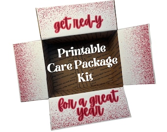 May include: An open cardboard box with white panels and red glitter accents. The box contains the text "Printable Care Package Kit" and the phrases "get red-y" and "for a great year" in red script.