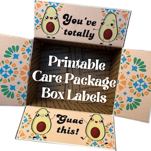 May include: Open cardboard box with decorative avocado illustrations and the text "You've totally" and "Guac this!". The box is labeled "Printable Care Package Box Labels". The box has a beige background with colorful floral patterns.
