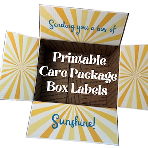 Puede incluir: Caja de cartón abierta con diseño de rayos de sol amarillos y blancos en el exterior. El texto en la caja dice "Sending you a box of Sunshine!" y "Printable Care Package Box Labels."