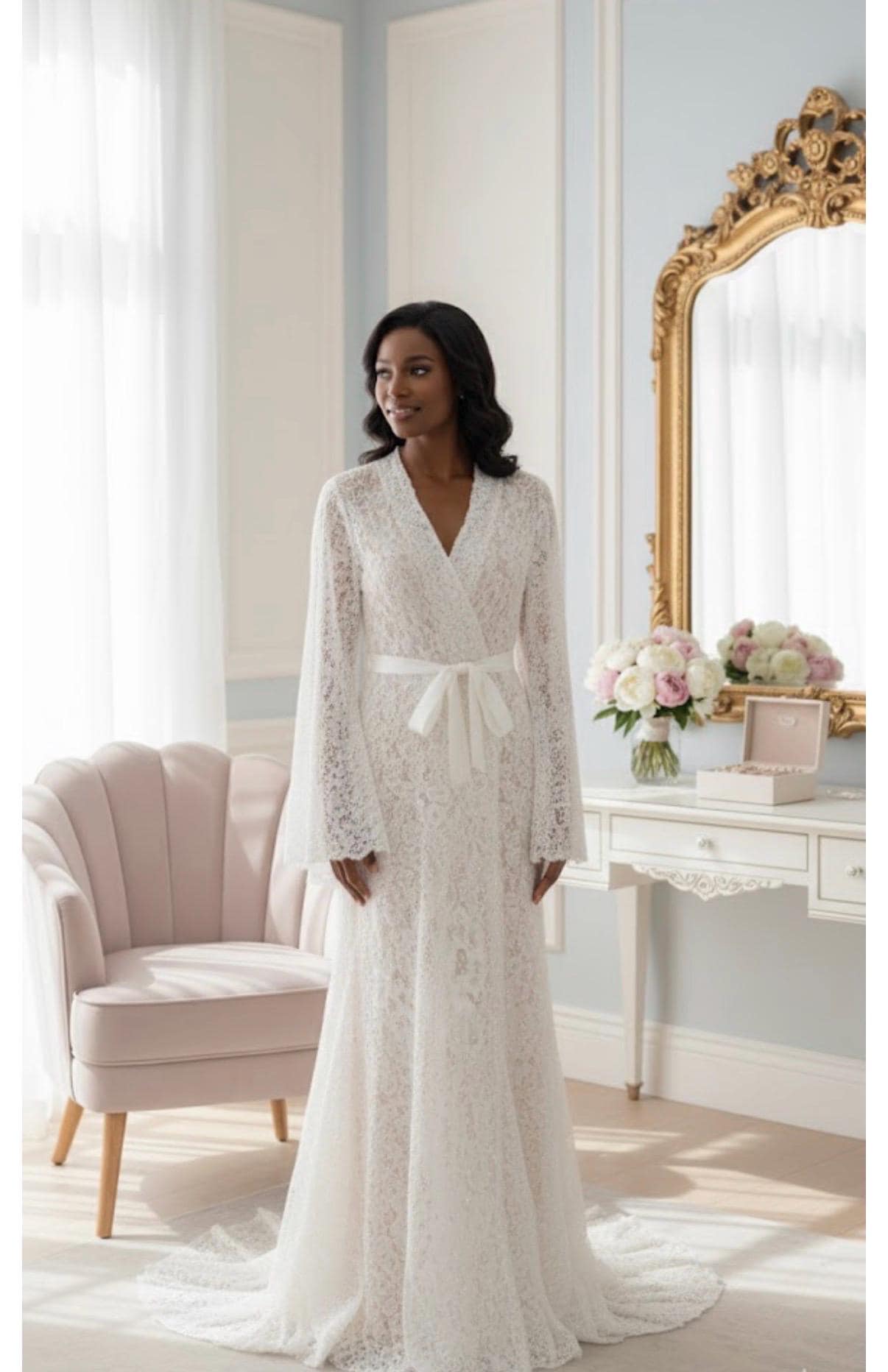 Parelkant bruidsgewaad, lange witte trouwgewaden voor bruiden, trouwdaggewaad, cadeau voor haar, bruid als huwelijkscadeaus, bruidsochtendgewaad