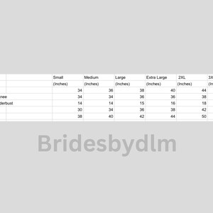 May include: A size chart for robes with measurements in inches for bust, shoulder to knee, shoulder to underbust, waist, and hips. The chart includes sizes small, medium, large, extra large, 2XL, 3XL, and 4XL.