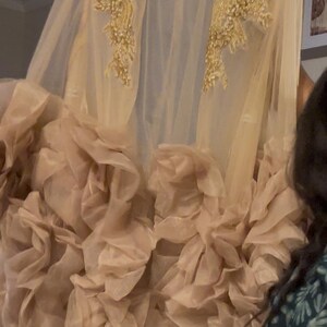 May include: A beige, sheer cape dress with gold embellishments. The cape features intricate gold embroidery on the shoulders. The lower portion of the dress has a layered, ruffled design in a similar beige hue, creating a voluminous effect. The dress is held up by a black hanger.