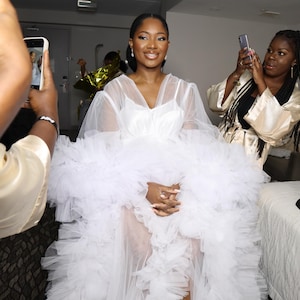 May include: A white tulle dress with a ruffled skirt and long sleeves. The dress is sheer and has a fitted bodice. The person is wearing a white dress with a ruffled skirt and long sleeves.