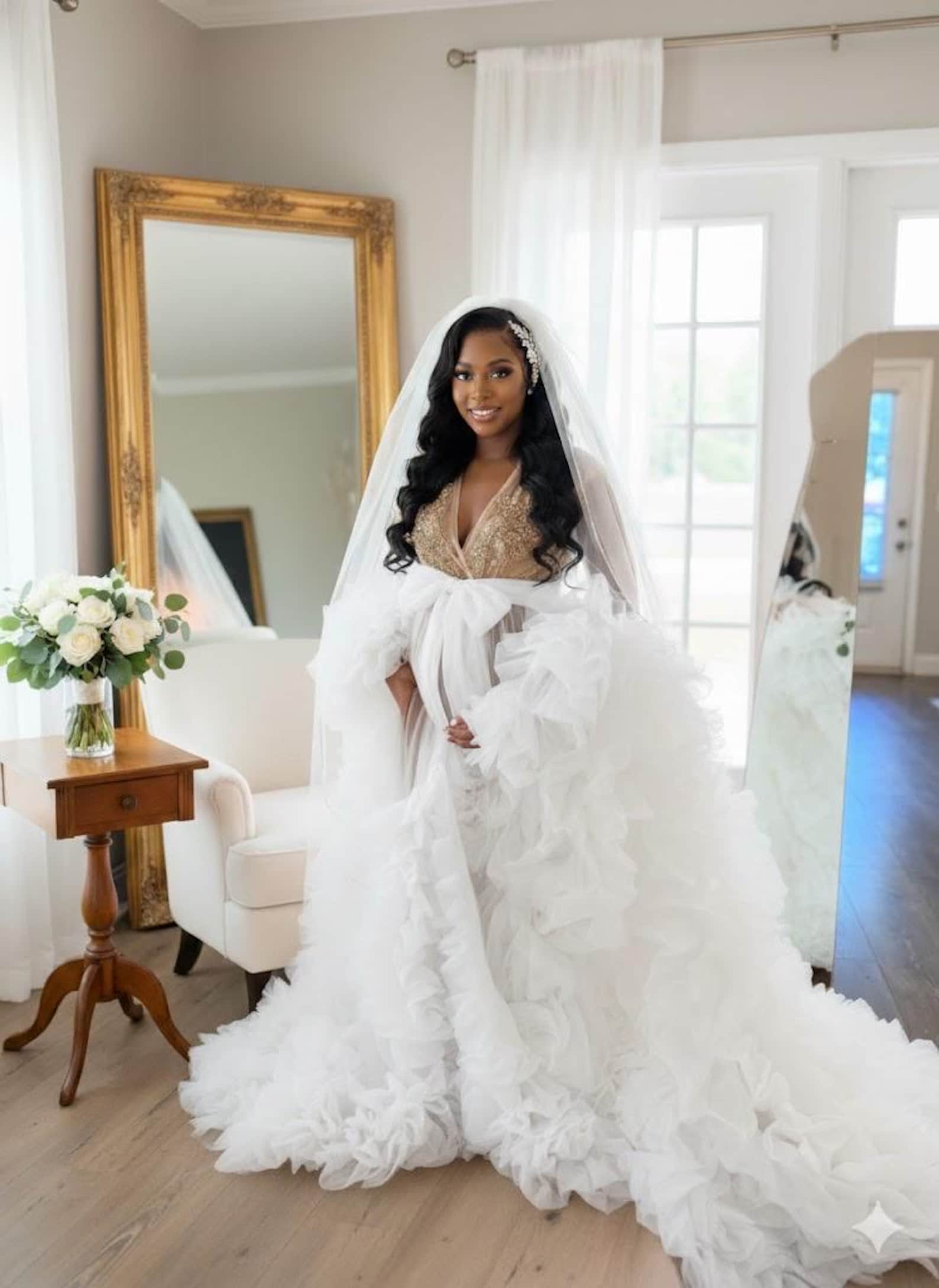 Champagne Bridal Robe, Long Gold Bridal Rhinestones Robe, White Tulle ...