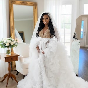 Bridal robe, Coral pink robe, bride champagne gold rhinestones robe, white Tulle Robe, Bridal Robe,Gift for Bride to be, Bridal morning robe image 1