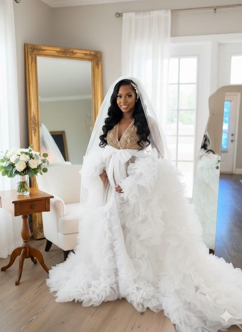 Bridal robe, Coral pink robe, bride champagne gold rhinestones robe, white Tulle Robe, Bridal Robe,Gift for Bride to be, Bridal morning robe image 1