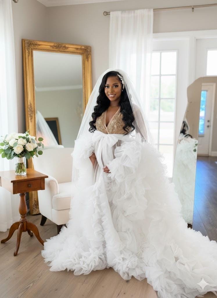 Bridal robe, off white organza robe, champagne gold rhinestones robe, Tulle Robe, Bridal Robe,Gift for Bride to be, Bridal morning robe