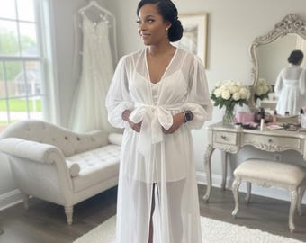 Bridal Robe Elegant sheer puff sleeve with train, romantic white soft organza getting ready gown for bride, luxury wedding morning outfit