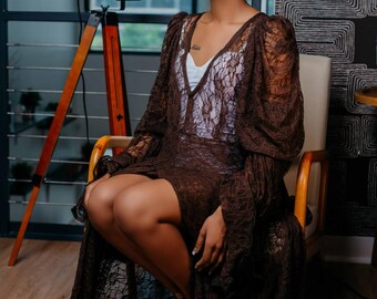Brown Lace Bridal Robe, Wedding Day robe, Gift for Bride