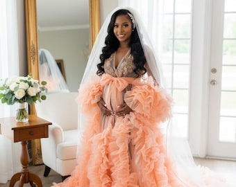 Bridal robe, Coral pink robe, bride champagne gold rhinestones robe, white Tulle Robe, Bridal Robe,Gift for Bride to be, Bridal morning robe