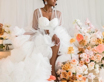 Bridal Robe, Wedding Robes for Brides, Floral Tulle Robe, Custom Wedding Day Robe, Gift for Bride to be, Bridal morning robe