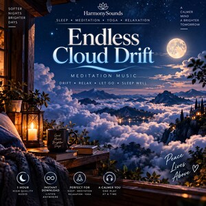 Könnte beinhalten: Ein digitales Albumcover mit dem Titel Endless Cloud Drift von Harmony Sounds. Es zeigt eine nächtliche Szene mit Vollmond über einem Wolkenmeer, eine leuchtende Laterne, eine schwarze Tasse mit Text und Bücher auf einem Holzbalkon. Der Text umfasst Sleep, Meditation, Yoga, Relaxation, Drift, Relax, Let Go, Sleep Well und Peace Lives Above.