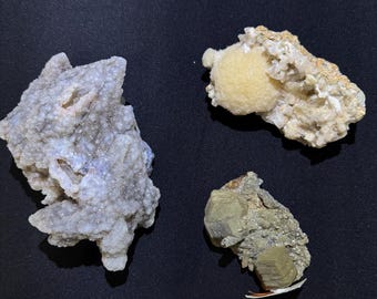 Druzy Chalcedony Coated Dogtooth Calcite, Old-Stock Thomsonite with Heulandite, Siderite with Quartz and Sphalerite and Marcasite