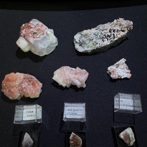 Op de afbeelding: Een verzameling verschillende ruwe mineraalmonsters, waaronder rozenkwarts en rode kwartsclusters, gepresenteerd op een zwarte ondergrond. De mineralen zijn in verschillende tinten roze, wit en grijs, sommige in transparante dozen.
