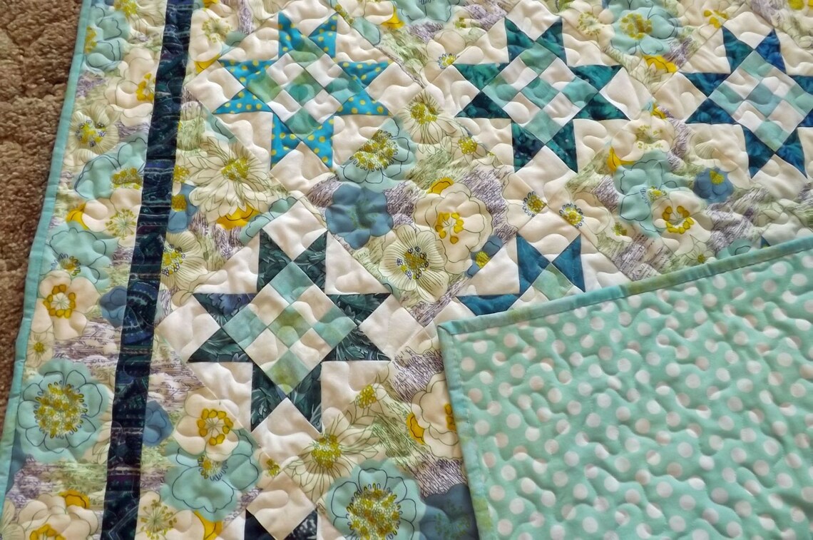 Aqua Blue Baby Quilt Baby Quilt With Stars Think Spring Quilt Etsy