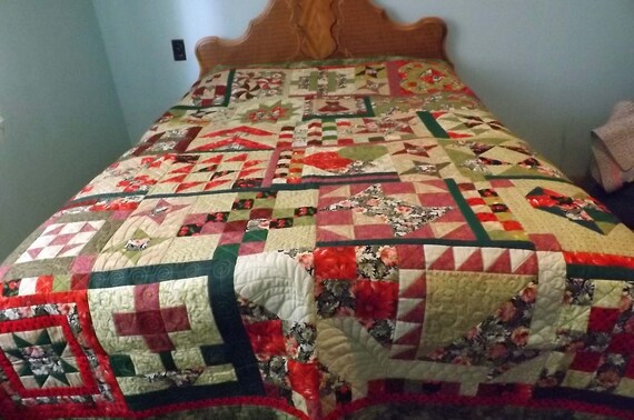 Full Size Green And Red Quilt Patchwork Quilt Sampler Quilt Etsy