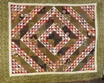 Twin/Full Handmade Quilt Brown and Red traditional patchwork