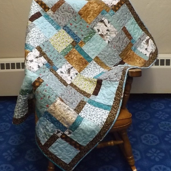 Handmade Baby or Child Quilt Boy or Girl, Nap Quilt for Toddler, Teal and Brown Quilt