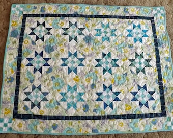 Aqua blue baby quilt baby quilt with stars think spring quilt