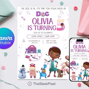May include: A printable invitation for a Doc McStuffins themed birthday party. The invitation features a cartoon image of Doc McStuffins, a purple and pink color scheme, and the text "Doc Olivia is turning 5. Join us to celebrate! 22nd April | 9am-6pm. 123 Anywhere St., Any City. RSVP to Teddy +123-456-7890".