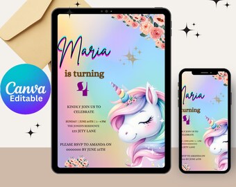 Invitación de cumpleaños de unicornio editable: Diseño de brillo arcoíris (Evite digital)