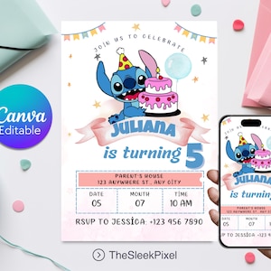 Editable Stitch Birthday Invitation, Printable Kids Birthday Party Invitations, Digital Kids Party Invite for Boys & Girls, Instant Download
