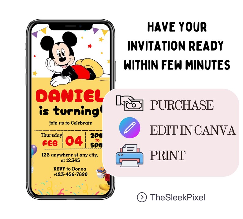 Editable Mickey Mouse Birthday Invitation: Digital Party Invite (canva ...