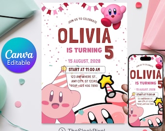 May include: Pink and white birthday invitation with a cartoon character. The invitation says "Join us to celebrate Olivia is turning 5" and includes the date "15 August, 2028".