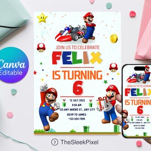 Convite de aniversário do Super Mario, convite de aniversário do Mario Bros, convite do Mario Bros, convite de aniversário do Super Mario editável para crianças