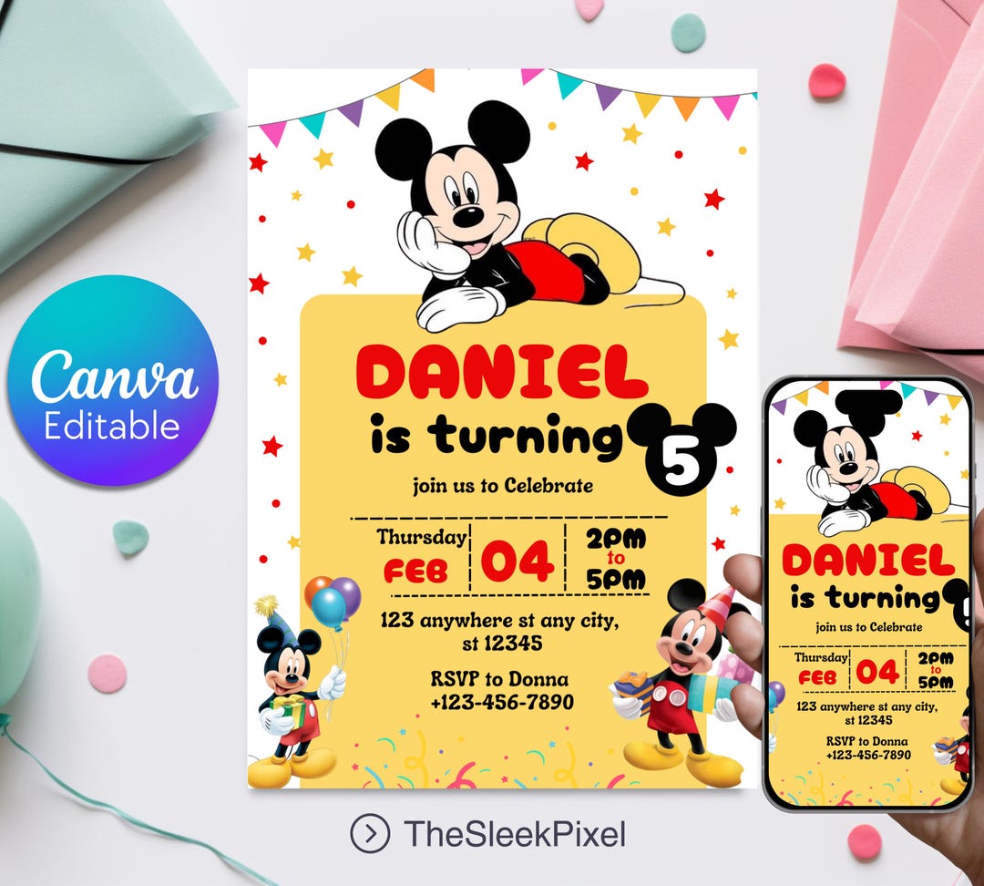 Editable Mickey Mouse Birthday Invitation: Digital Party Invite (canva ...