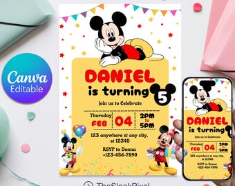 Editable Mickey Mouse Birthday Invitation: Digital Party Invite (Canva Template)