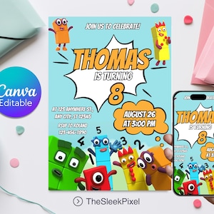 Editable Numberblocks Birthday Invitation, Number Blocks Kids Party Invitation, Numberblock Themed Kids Birthday Invite, Instant Download