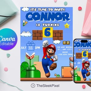Convite de aniversário do Mario Bros, convite de aniversário do Super Mario, convite do Mario Bros, convite de aniversário editável do Super Mario para crianças
