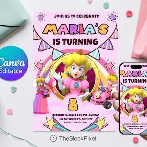 Prinzessin Peach Geburtstagseinladung, Super Mario Prinzessin Geburtstag, Super Mario Prinzessin Geburtstagseinladungskarte, Mario Digitale Vorlage