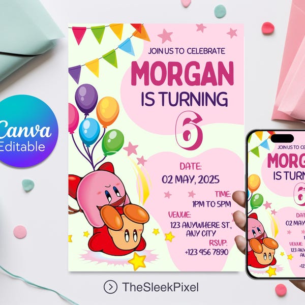 Invitación de cumpleaños de Kirby: Invitación editable para fiesta infantil (Descarga digital)