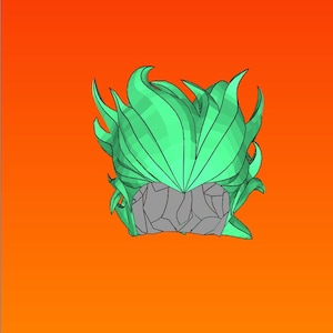 May include: A green and gray cartoon hairstyle with a spiky, jagged design. The hair is styled in a mohawk with a jagged edge.