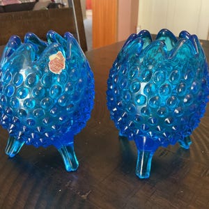 Matching Pair of Hobnail Blue Vases by Fenton