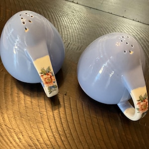 May include: Two light blue ceramic salt and pepper shakers. Each shaker has a handle with a floral design in pink, orange, and green. The shakers have multiple holes on top for dispensing.