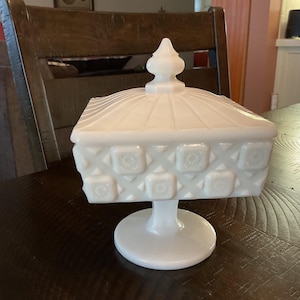 Vintage Milk Glass Pedestal Candy Dish with Lid, Old Quilt by Westmoreland