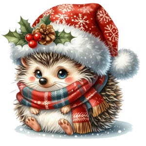33 cliparts aquarelle hérisson de Noël – hérisson mignon avec bonnet de Noel rouge, PNG, arrière-plan transparent, 5 000 x 5 000 pixels