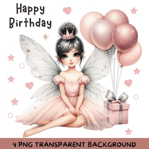 4 Aquarell blass rosa Fee | Alles Gute zum Geburtstag Text, Ballons & Geschenkbox | 5000x5000 PNG