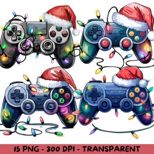 15 Watercolor Christmas Game Controller with Santa Red Hat, Transparent Background, 4000x4000 PNG